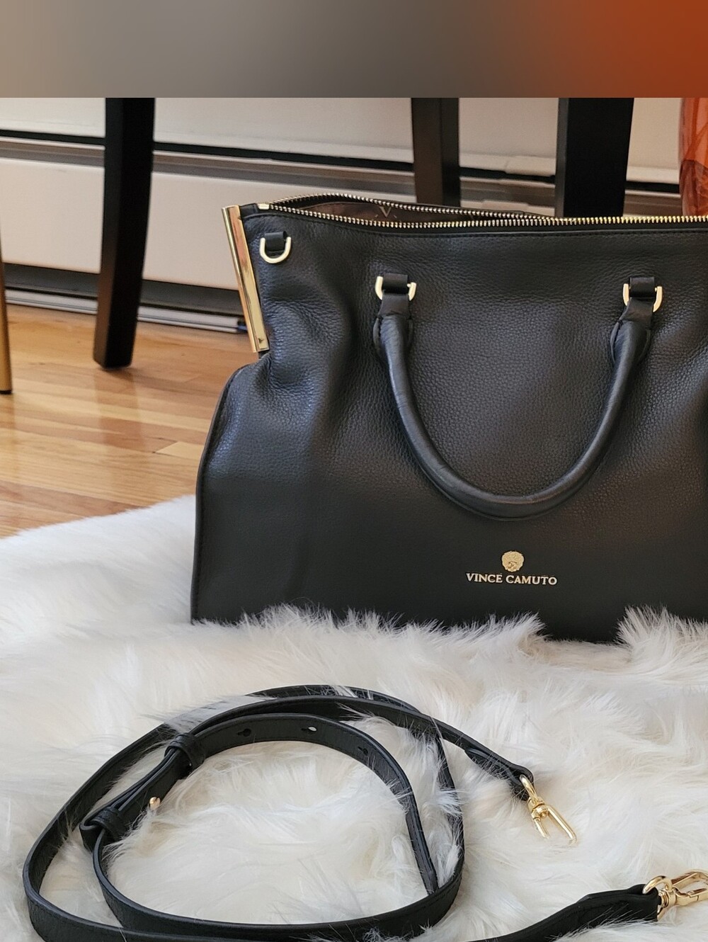 Vince Camuto Black Pebbled Leather Satchel with Gold Hardware